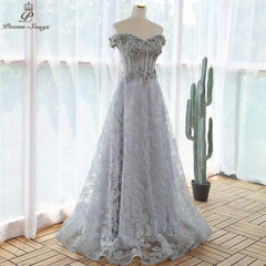 Elegant sequin lace gray flowers Evening dress