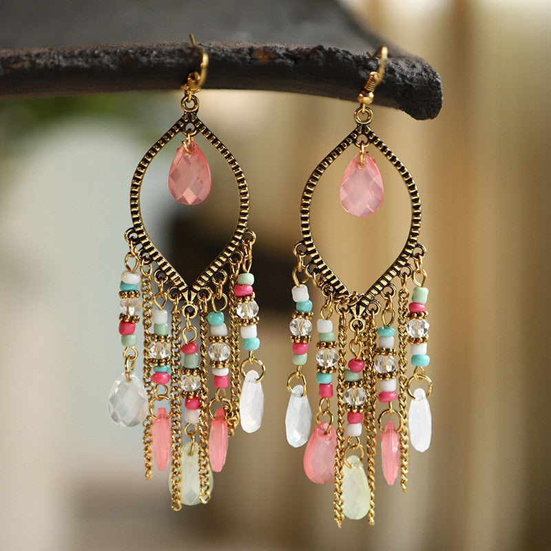 Bohemian Antique Gold Color Long Water Drop Tassel Earrings