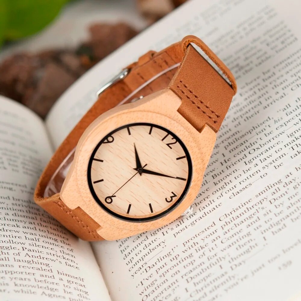 Bamboo Wooden Watches for Men Number Scales Leather Band