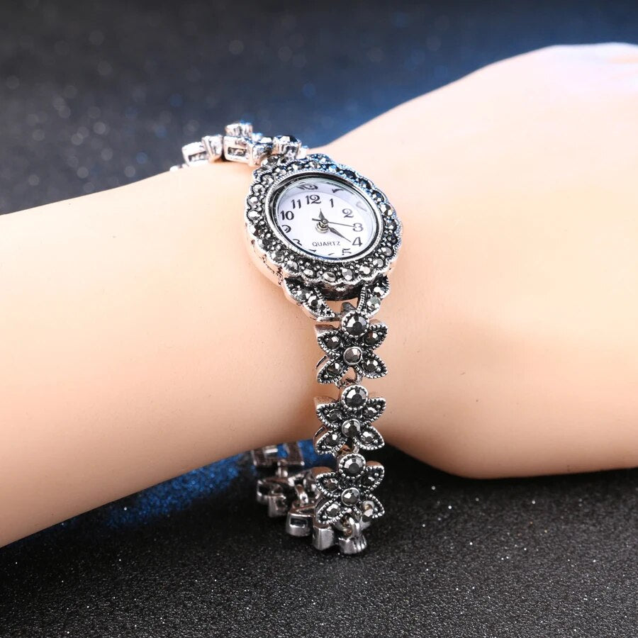 Floral Crystal Bracelets For Women Silver Plated Decorative Watch