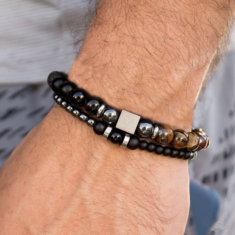 Fashion Men Bracelet Sets Trendy Handmade Classic Strand Stone