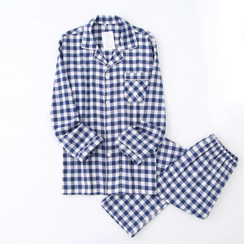 Pajama Set Plaid Gauze Cotton Couple Sleepwear Turn-Down Collar