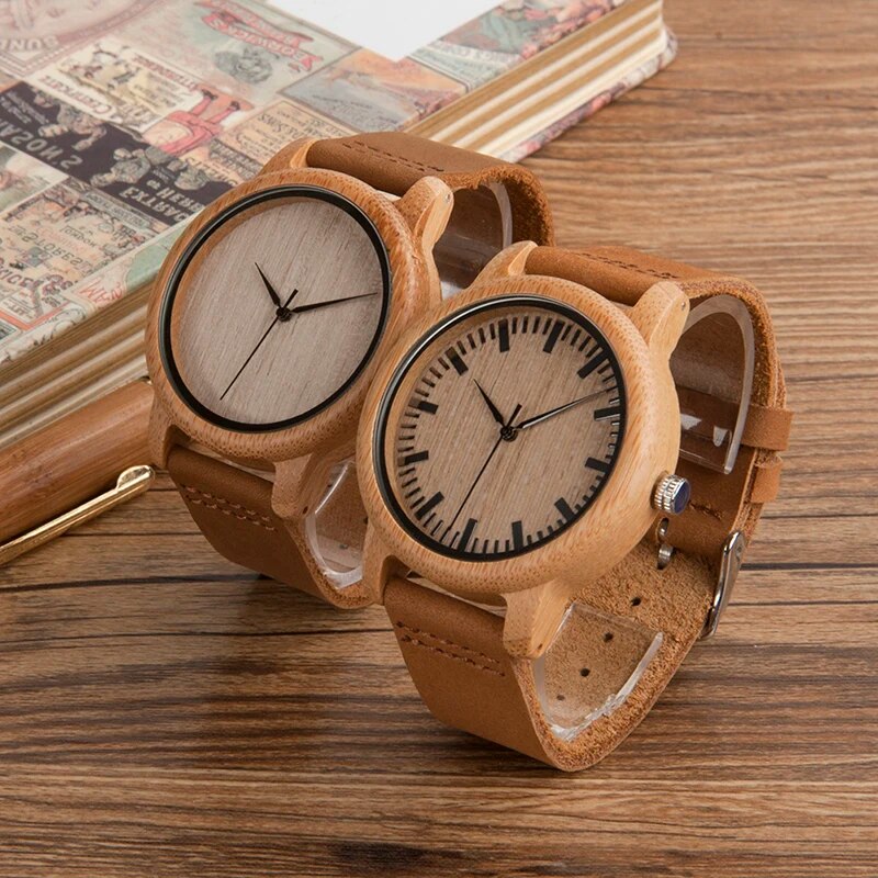 Mens Watches Wood Bamboo Wristwatches with Leather Strap