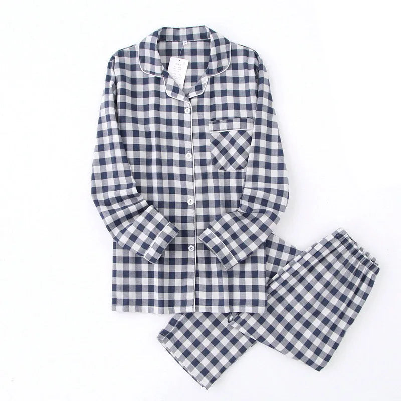 Pajama Set Plaid Gauze Cotton Couple Sleepwear Turn-Down Collar