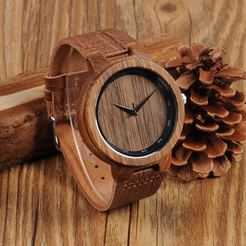 Wood Watch Grain Leather Band Designer Quartz