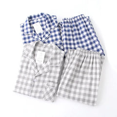 Pajama Set Plaid Gauze Cotton Couple Sleepwear Turn-Down Collar