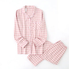 Pajama Set Plaid Gauze Cotton Couple Sleepwear Turn-Down Collar