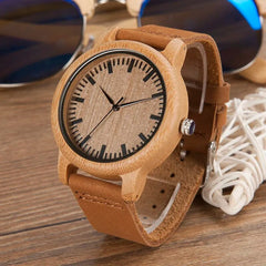 Mens Watches Wood Bamboo Wristwatches with Leather Strap