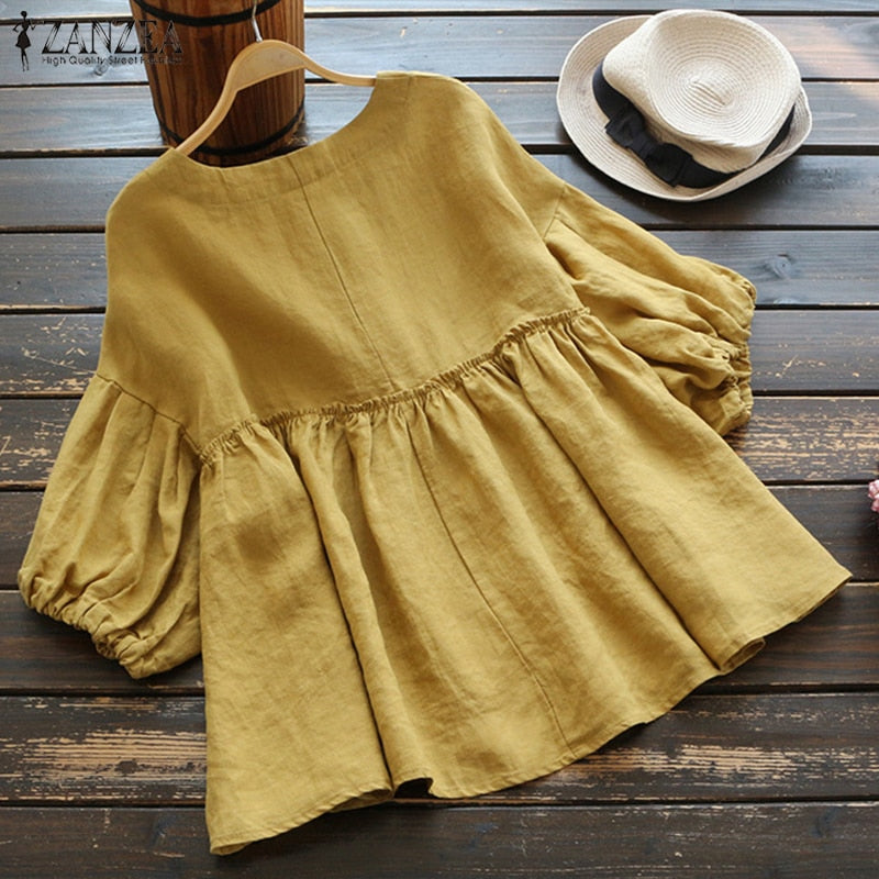 Fashion Ruffle Blouse Women's Tunic Vintage Casual Linen Tops