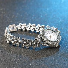 Floral Crystal Bracelets For Women Silver Plated Decorative Watch