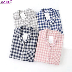 Pajama Set Plaid Gauze Cotton Couple Sleepwear Turn-Down Collar