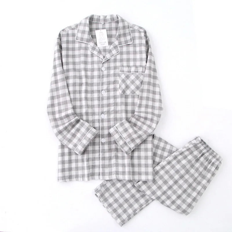 Pajama Set Plaid Gauze Cotton Couple Sleepwear Turn-Down Collar