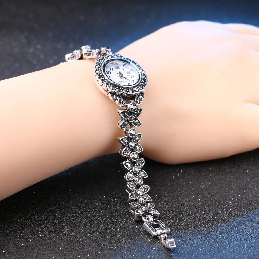 Floral Crystal Bracelets For Women Silver Plated Decorative Watch