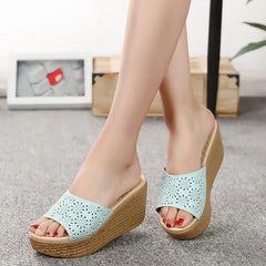 Summer Slippers Shoes Hollow cut High Heel Flip Flops