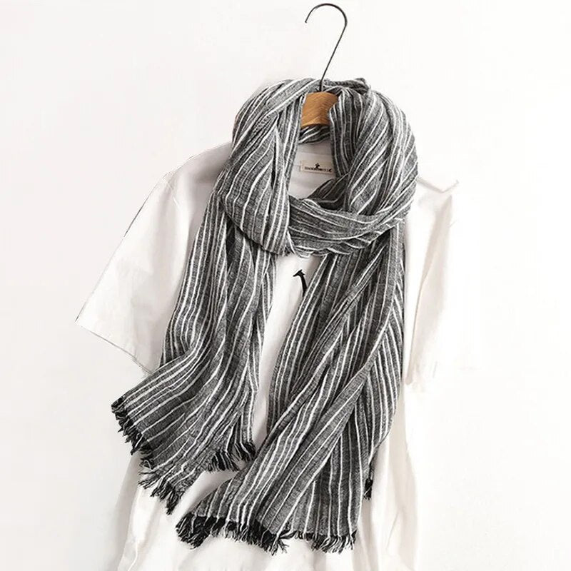 Men Striped Cotton Linen Scarfs Vintage Oversized