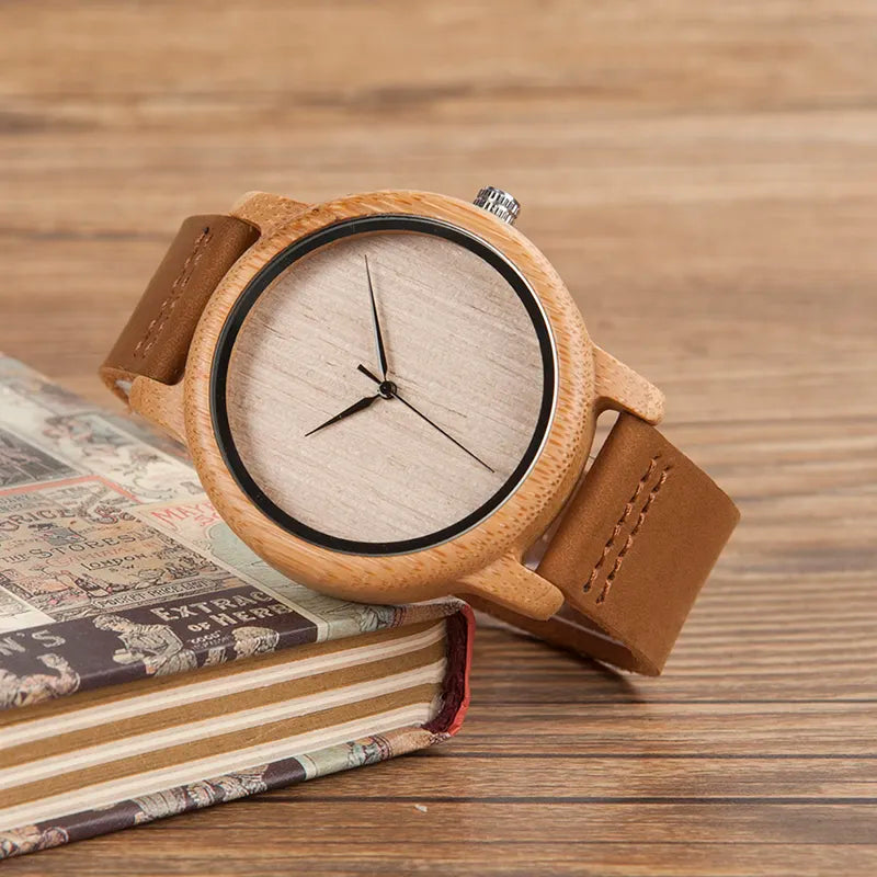 Mens Watches Wood Bamboo Wristwatches with Leather Strap