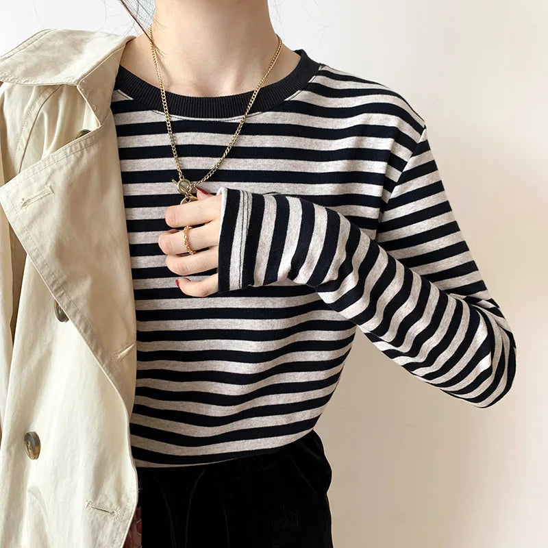 Long Sleeve T-shirts Stripe O-neck Casual Shirt Fashion