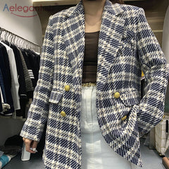 Vintage Tweed Blazer Women Double Breasted Fashion Chic Jackets