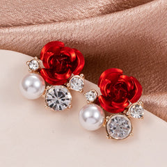 Fashion Red Rose Rhinestone Stud Earrings Flowers Jewelry