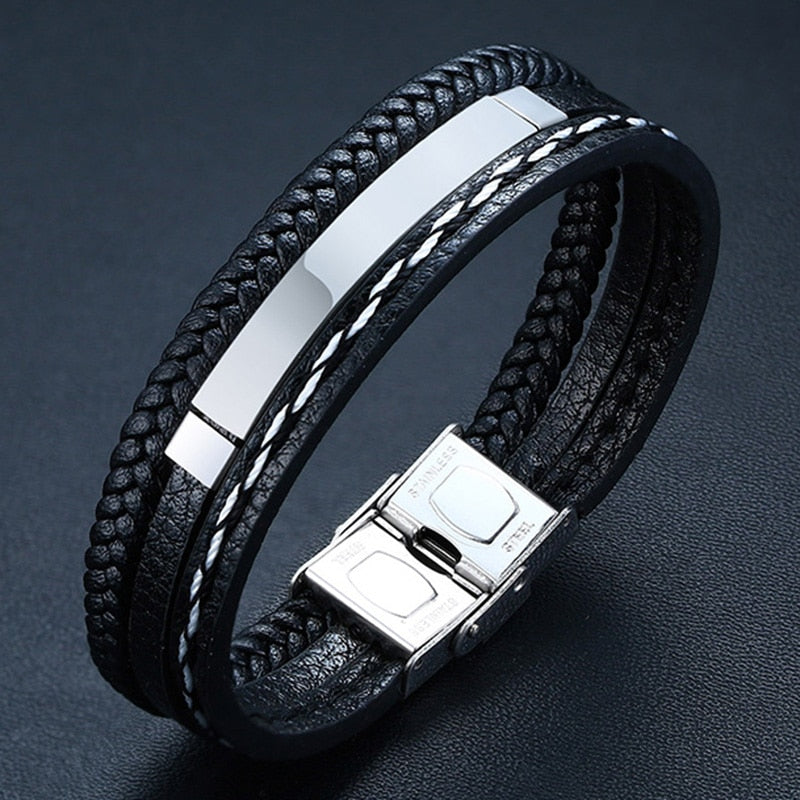 Name Leather Bracelets for Men Glossy Stainless Steel