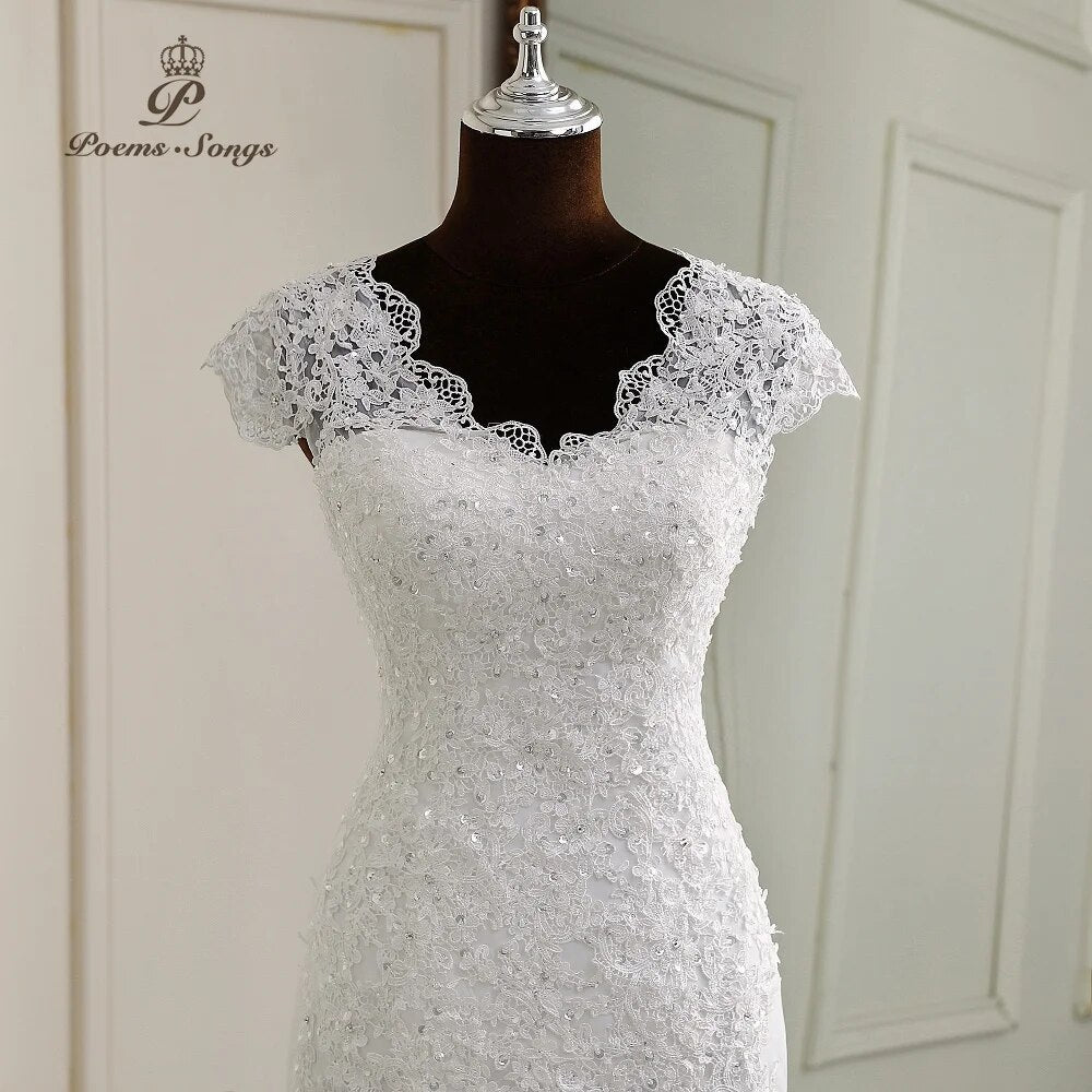 Elegant dresses Mermaid Wedding Dress cap sleeves style Lace