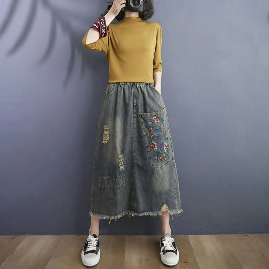 Vintage Floral Embroidery Ripped Patchwork Jeans Skirt