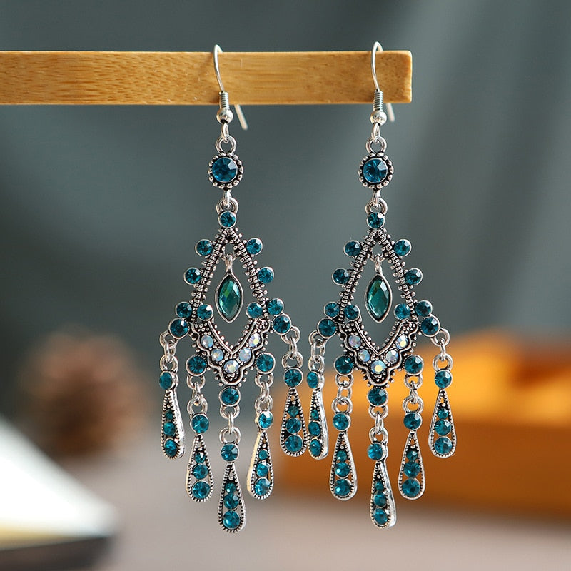 Bohemian Ethnic Long Blue Acrylic Crystal Water Drop Earrings Retro