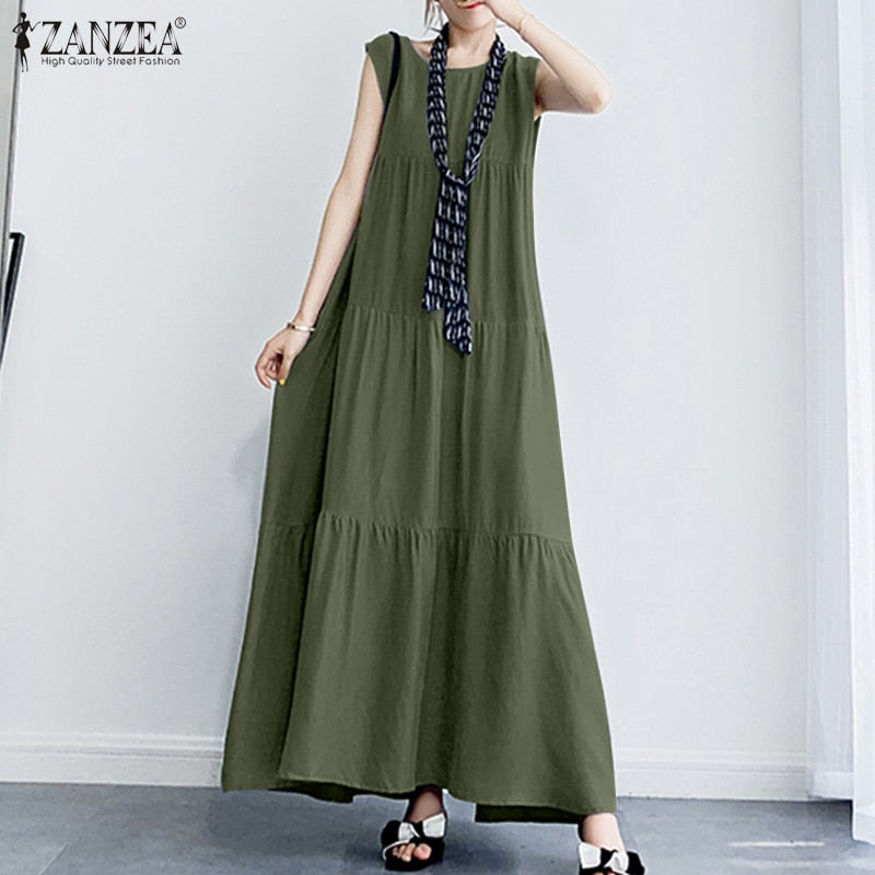 Stylish  Ruffle Sundress Solid Summer Dress Casual Sleeveless