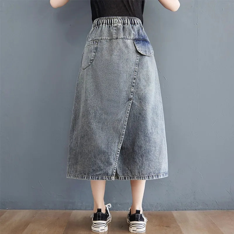 Casual Denim Skirts Drawstring Elastic Waist Streetwear Vintage