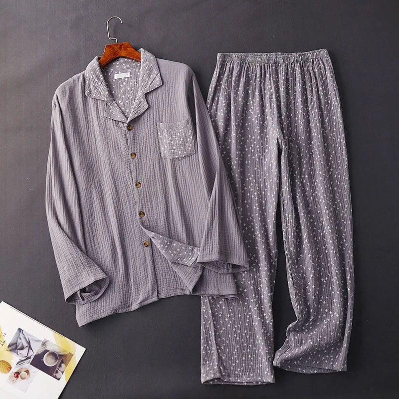 men's cotton crepe cloth button pajamas set simple large size