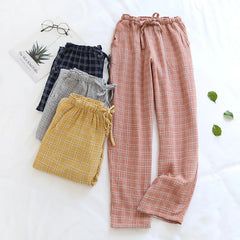 couples cotton crepe cloth plaid trousers large size home simple casual pants