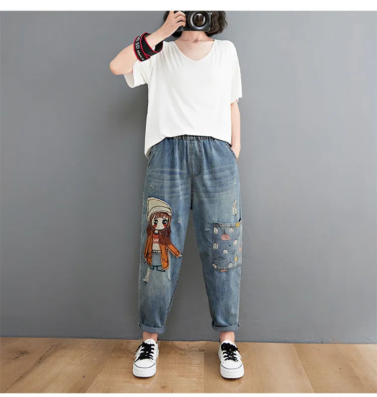 Embroidery Denim Pants For Women Trendy Hole Casual High Waist