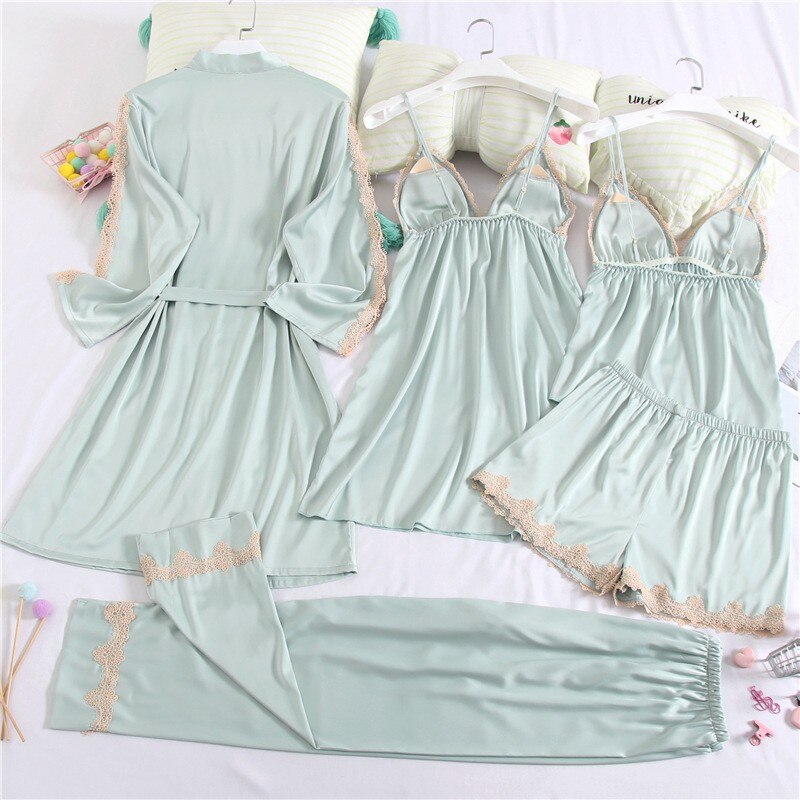 5PCS Lace Robe Gown Satin Nighty Bathrobe Nightgown Sleep Suit