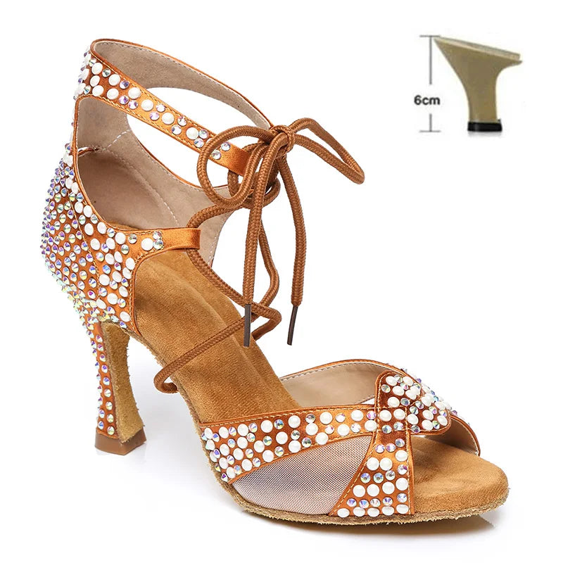 Pearl Rhinestone Latin Dance Shoes Soft Soles High Heels