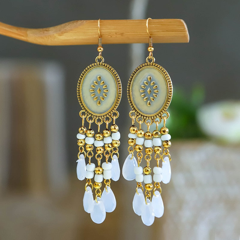 Bohemian Antique Gold Color Long Water Drop Tassel Earrings