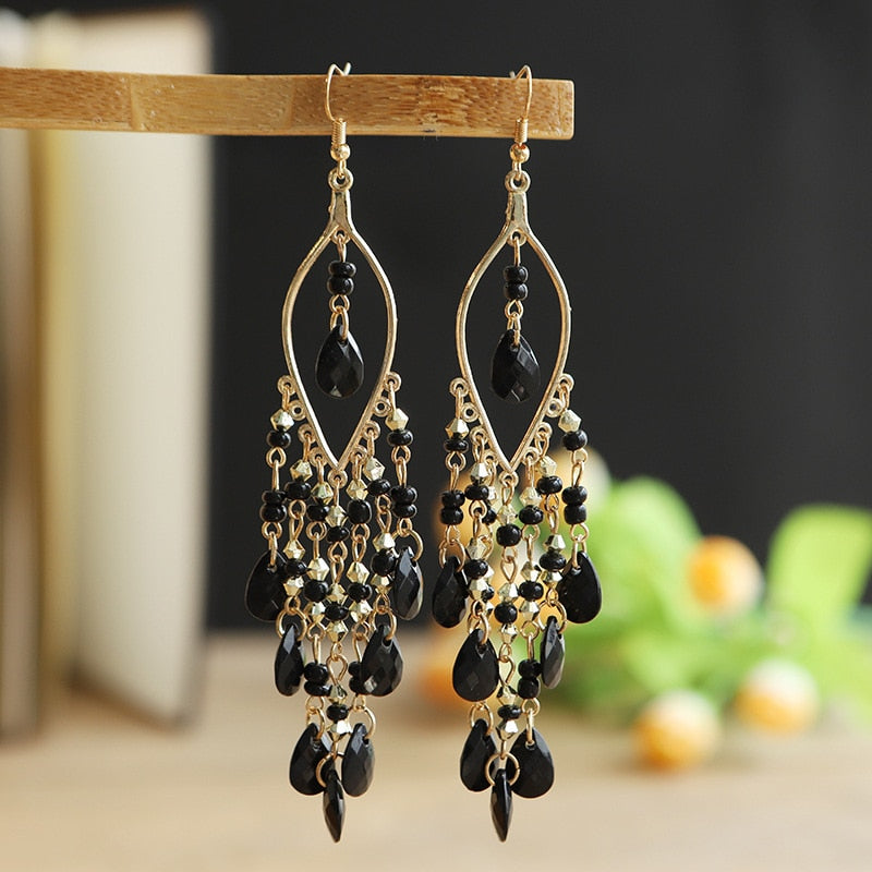 Bohemian Antique Gold Color Long Water Drop Tassel Earrings