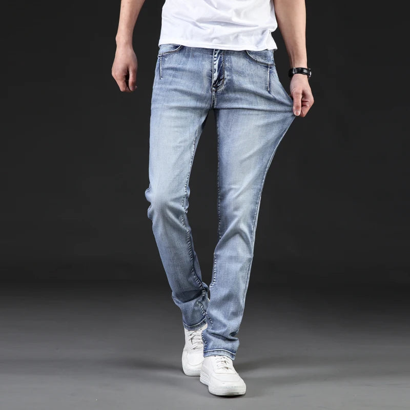 Jeans Men Classical Fashion Elasticity Denim Pants Light Blue Washed