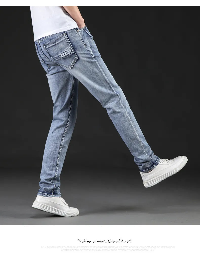 Jeans Men Classical Fashion Elasticity Denim Pants Light Blue Washed