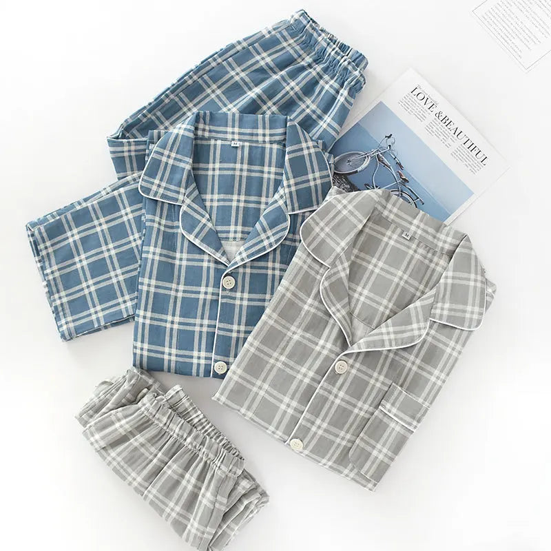 pajamas long-sleeved trousers cotton double gauze lattice large size