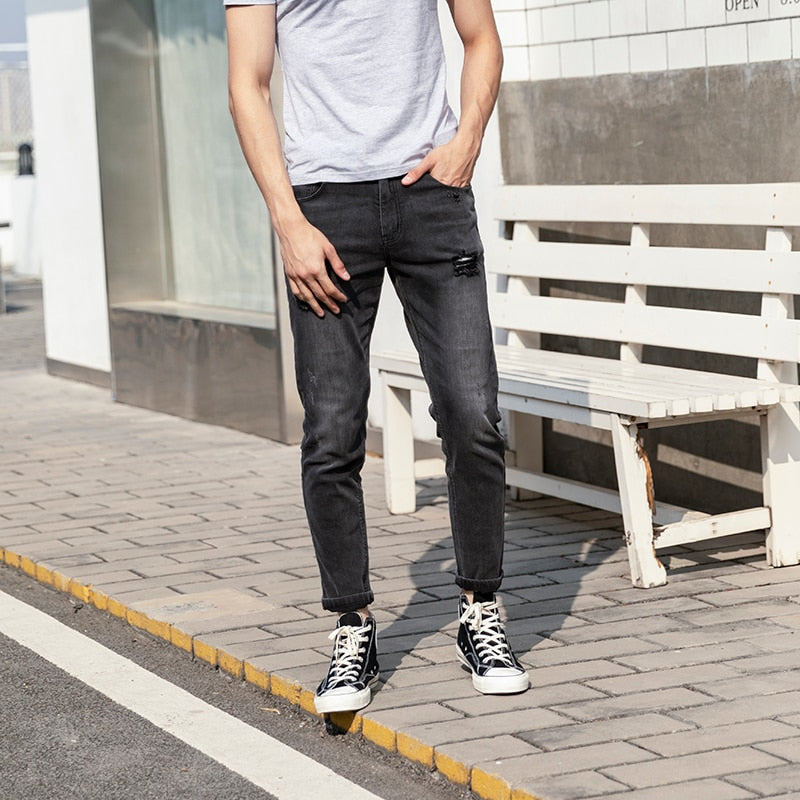 Casual Jeans Men Slim Feet Trend Elastic Hole Fashion