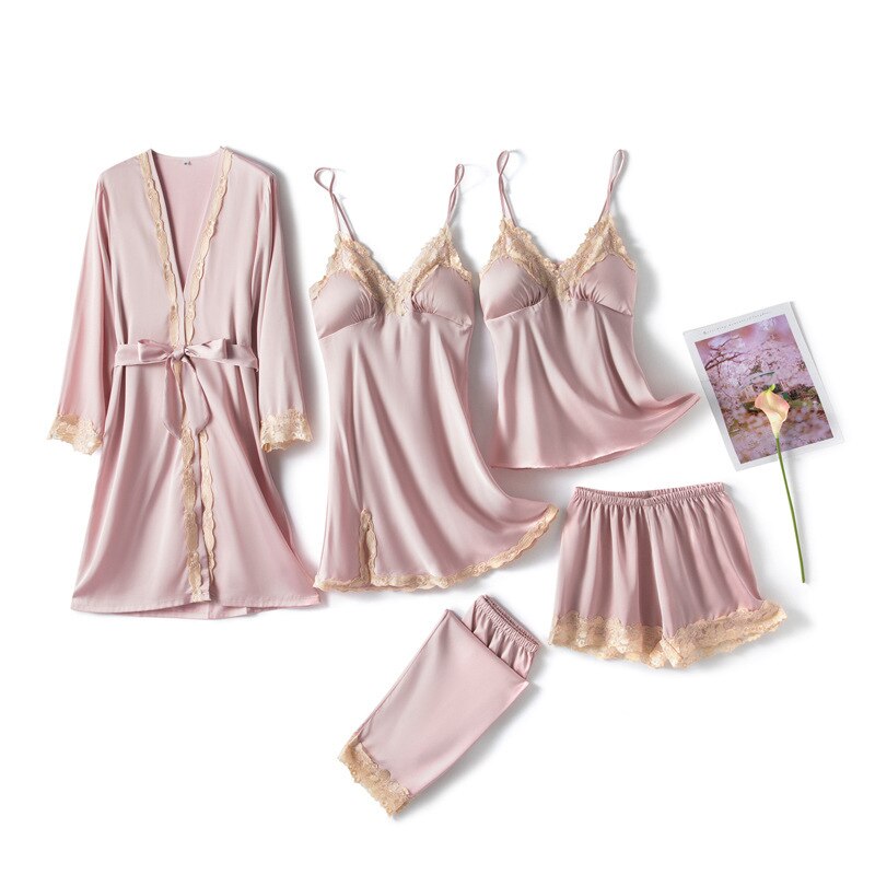 5PCS Lady Pajamas Sets Lace Sleepwear Sleep Suit Satin