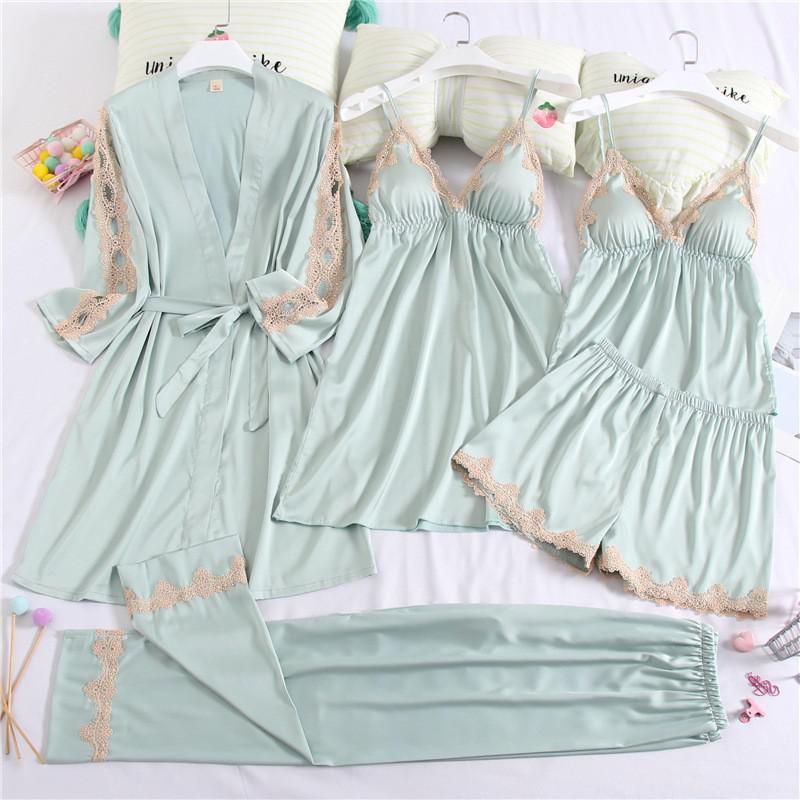 5PCS Lace Robe Gown Satin Nighty Bathrobe Nightgown Sleep Suit