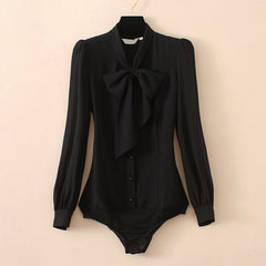 Elegant Chiffon Bodysuits Lantern Long Sleeve Bow Tie Neck Office