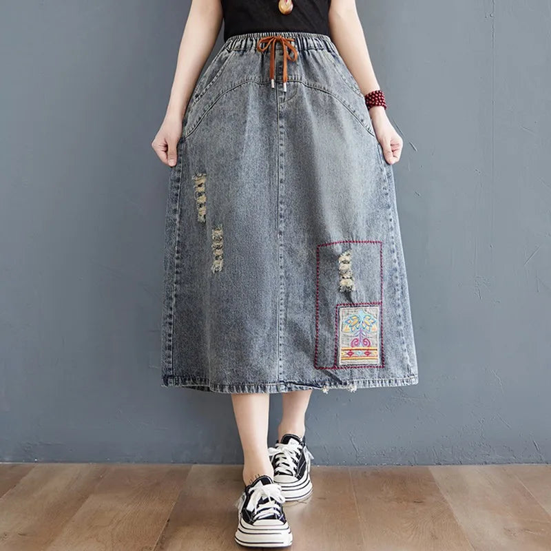 Casual Denim Skirts Drawstring Elastic Waist Streetwear Vintage