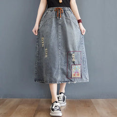 Casual Denim Skirts Drawstring Elastic Waist Streetwear Vintage