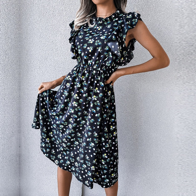 Vintage Butterfly Sleeve Ruffles Heart Dot Print Dress