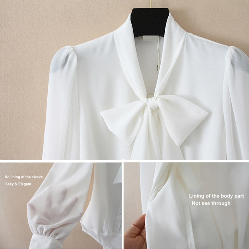 Elegant Chiffon Bodysuits Lantern Long Sleeve Bow Tie Neck Office