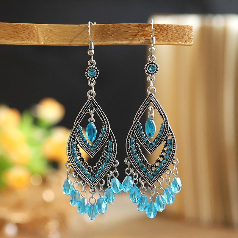 Bohemian Ethnic Long Blue Acrylic Crystal Water Drop Earrings Retro