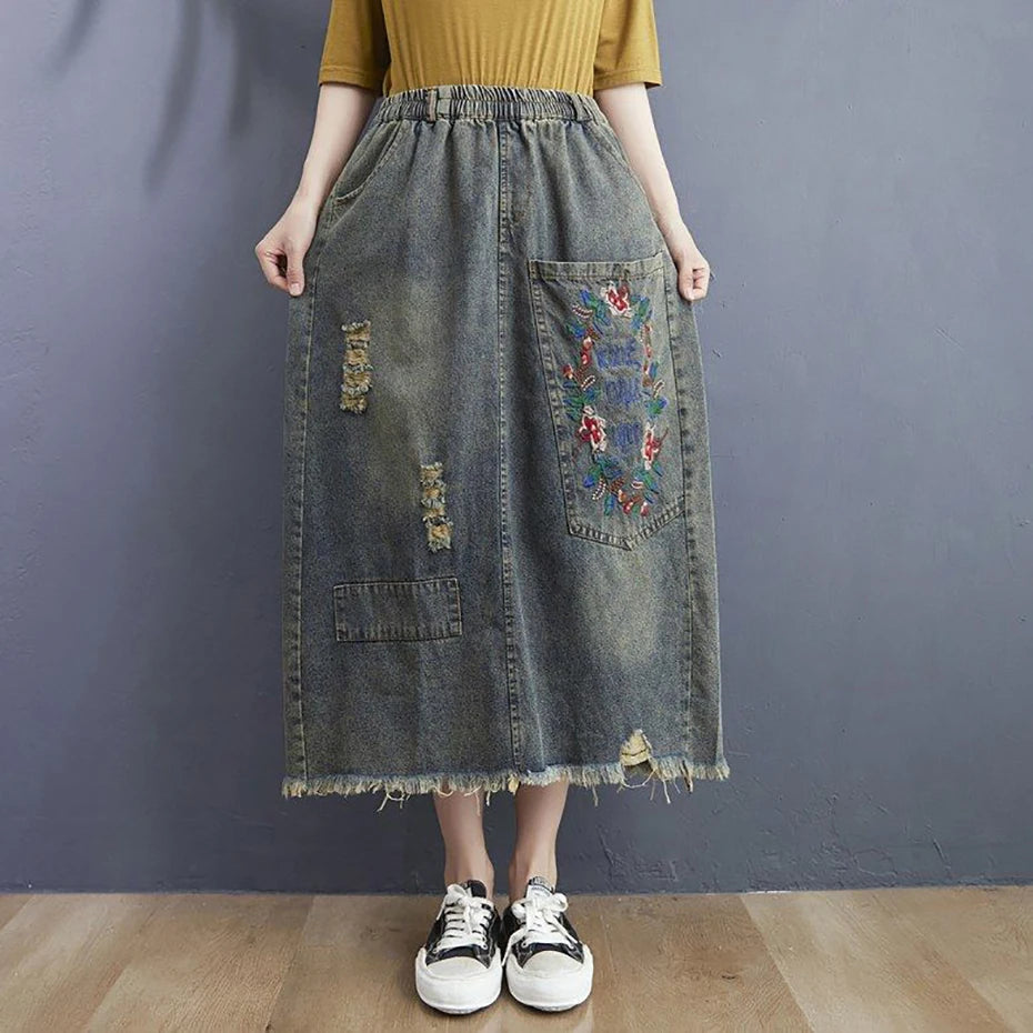 Vintage Floral Embroidery Ripped Patchwork Jeans Skirt