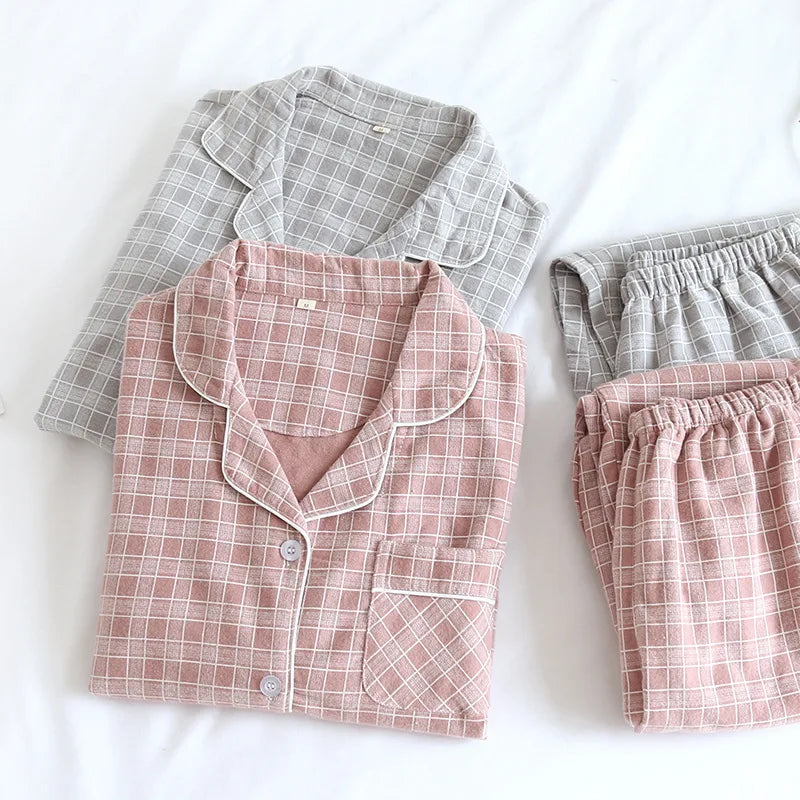 couple pajamas long-sleeved trousers  cotton brushed plaid two-piece